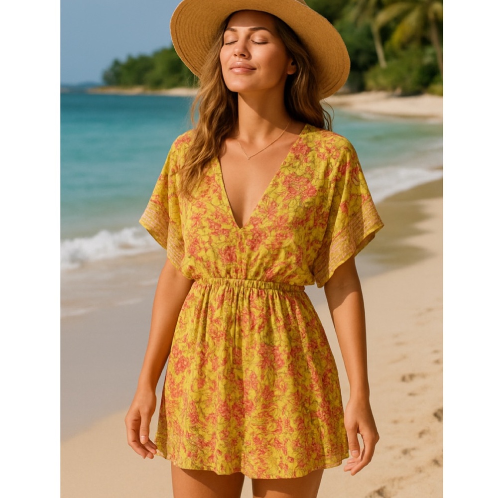 Poupette St Barth Amaya Yellow Jardin Floral Kaftan Mini Dress NWT S